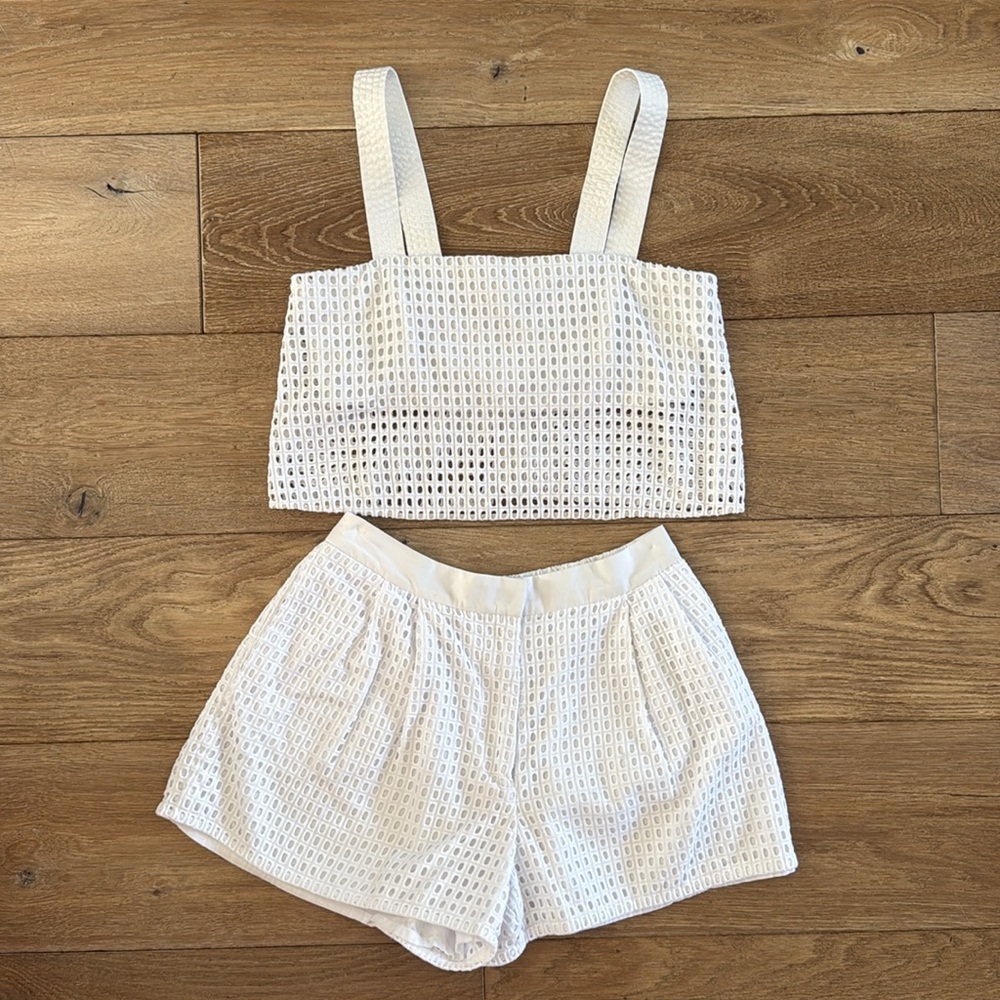 3.1 Phillip Lim White High Waist Eyelet Shorts and Tank Top Set